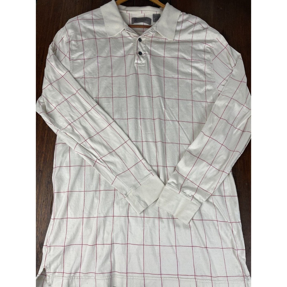 R&R Casuals Polo Shirt Men's Large White Check Short Sleeve Cotton Golf Rugby